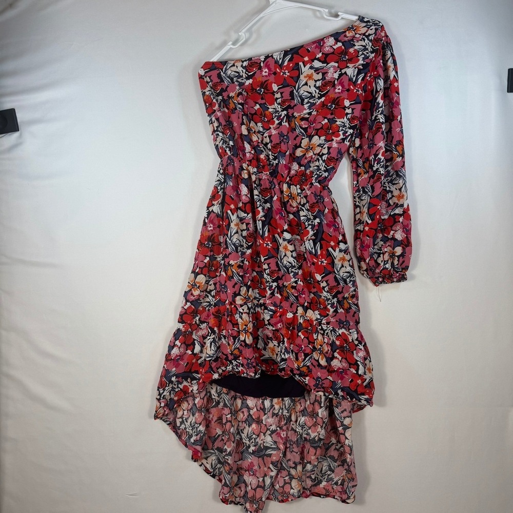 Pink Lily Womens One Shoulder Floral Hi-Low Ruffle Dress Red Pink Size Medium
